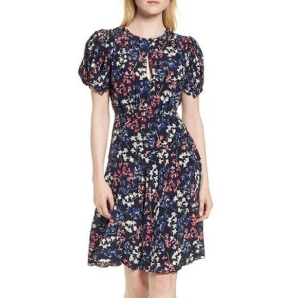 Lewit Dress 100% Silk Floral Garden A Line Navy Flounce Keyhole Cocktail Dress 6 - Picture 2 of 15